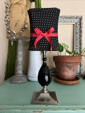 Partylite Black Polka Dot Votive Holder with Red Bow and Silver Trim